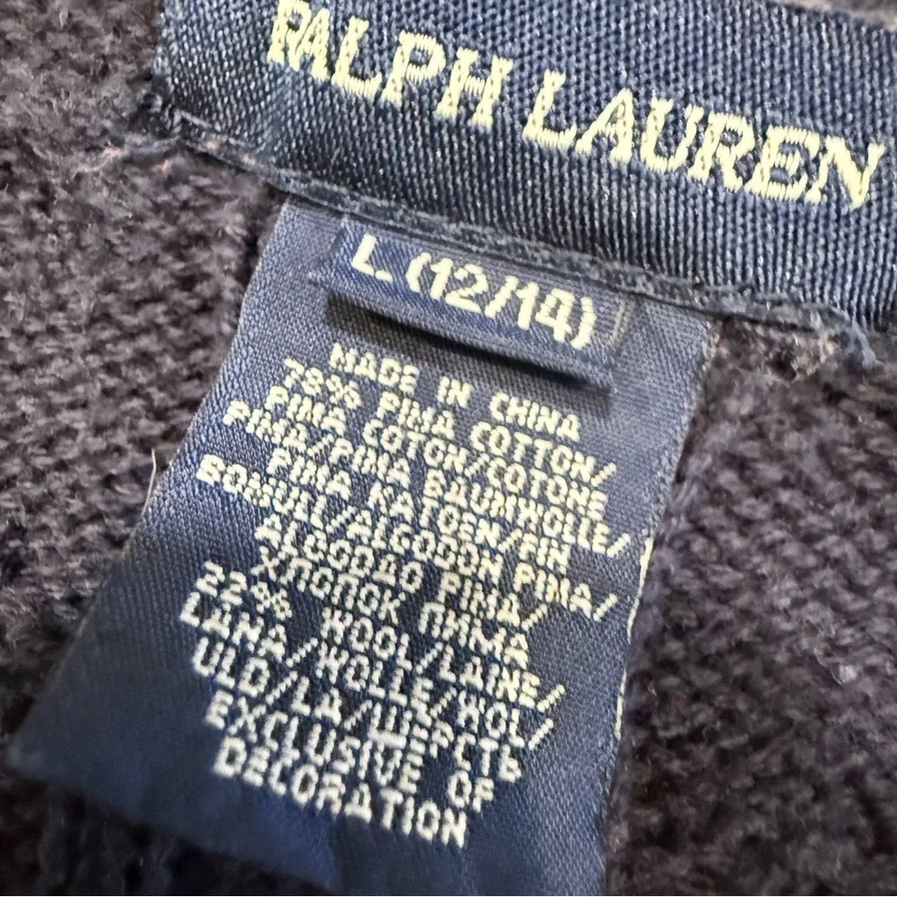 Ralph Lauren Girls Cable Knit Dress L/S Navy Blue V-Neck Sz L 12-14